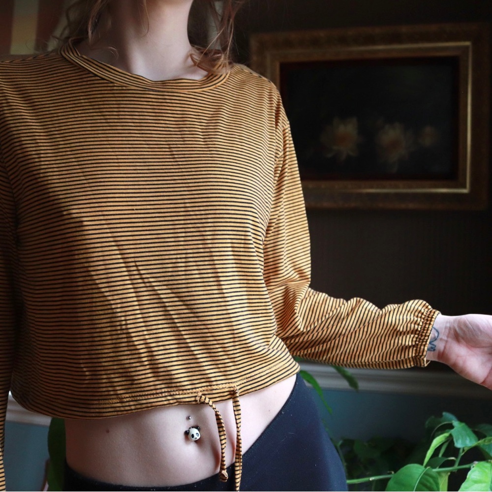 Crave Fame Black Yellow Striped Tie String Bottom Long Sleeve Mock Neck Crop Top